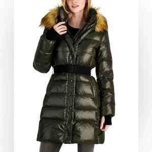 S13 Chalet Belted Faux Fur Trim Down-Fill Hooded Puffer Jacket Dark Green Sz M